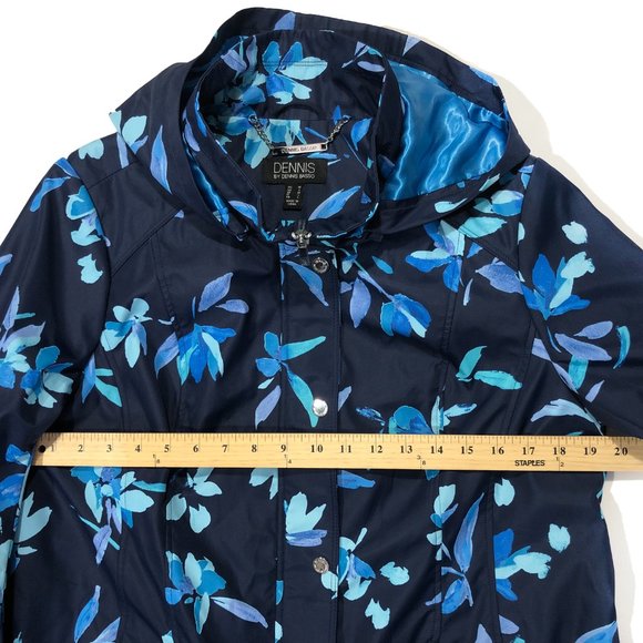 Dennis Basso M Navy Floral Removable Hood Water Resistant Zip Front Jacket/Coat - Picture 3 of 11